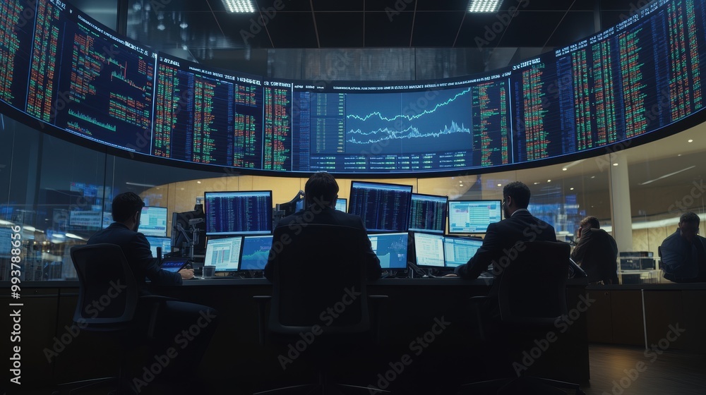 Poster stock market brokers working late analyzing big data on multiple computer screens
