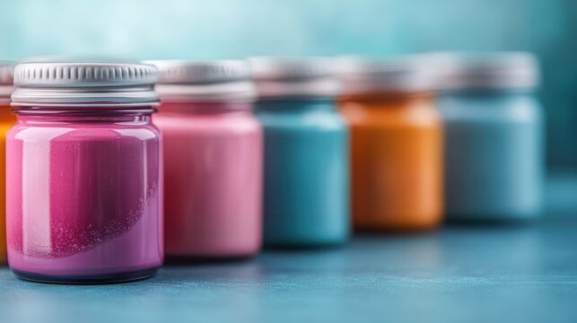 A neat row of paint jars in various colors positioned on a smooth blue surface, emphasizing order and the wide spectrum of artistic hues that inspire creativity and design.