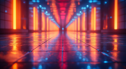 Neon Lights Reflecting on Wet Floor 3D Illustration