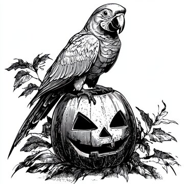 recommend clip art: Black and white Vintage engraved art of a parrot perched on a Jack o' lantern, isolated on white background, ink sketch illustration, simple vector art design, highly detailed line art
