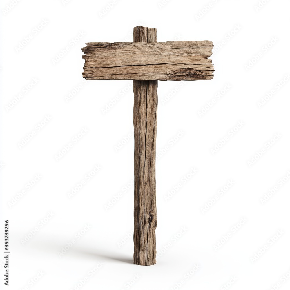 Poster rustic weathered wooden signpost on white background for versatile design applications