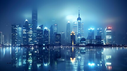Fototapeta premium Night view of the Shanghai skyline, showcasing a cluster of towering skyscrapers illuminated by bright lights, their reflections creating a mesmerizing mirrored effect on the water.