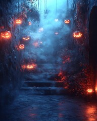 Naklejka premium Spooky Halloween Pathway with Glowing Jack O'Lanterns