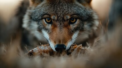 Fototapeta premium An intense close-up of a coyote with captivating eyes, attentively focused on its prey while surrounded by the golden hues of a grassy field, creating a tense atmosphere.