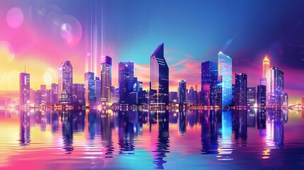 Fototapeta premium Colorful cityscape at sunset with vibrant reflections on the water for showcasing urban beauty warm scenic skyline concept.