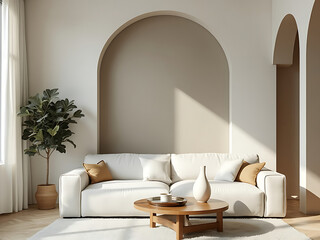 A bright and airy living room with a comfortable white sofa, a round wooden coffee table, and elegant arched alcoves. Sunlight streams through the window, creating a warm and inviting atmosphere.