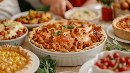 Delicious homemade pies and various dishes are beautifully arranged on table, showcasing feast of flavors and textures. vibrant colors and inviting presentation create warm, festive atmosphere. 