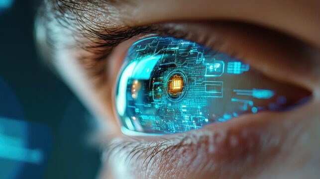 Close-up of auditor's eye reflecting a complex cybersecurity system, blue tech hues