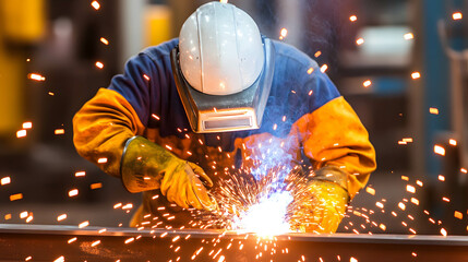A steelworker welding metal parts with sparks around. Worker working in a steel factory.