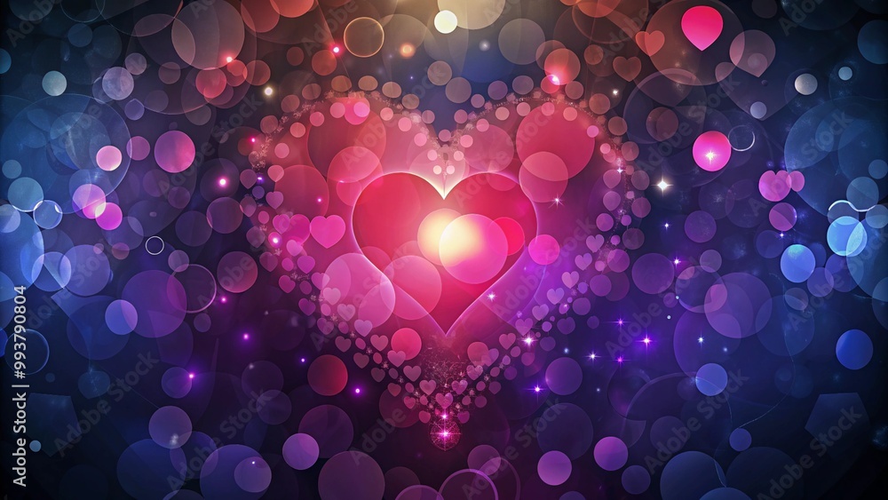 Poster abstract dark gradient background with hearts shape bokeh. red hearts, sparkling glitter bokeh backg
