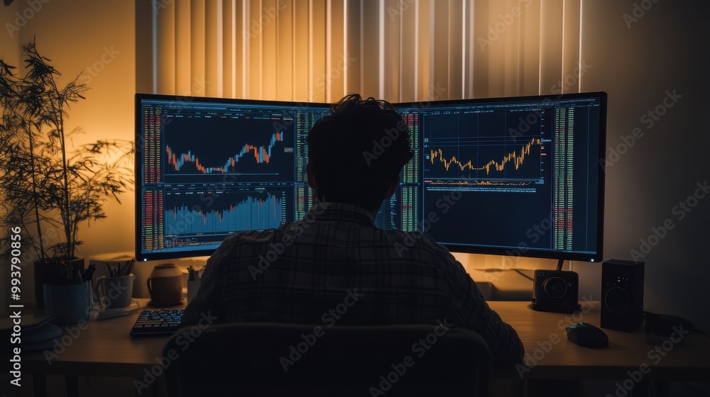 Poster stock market trader analyzing charts on multiple monitors at night