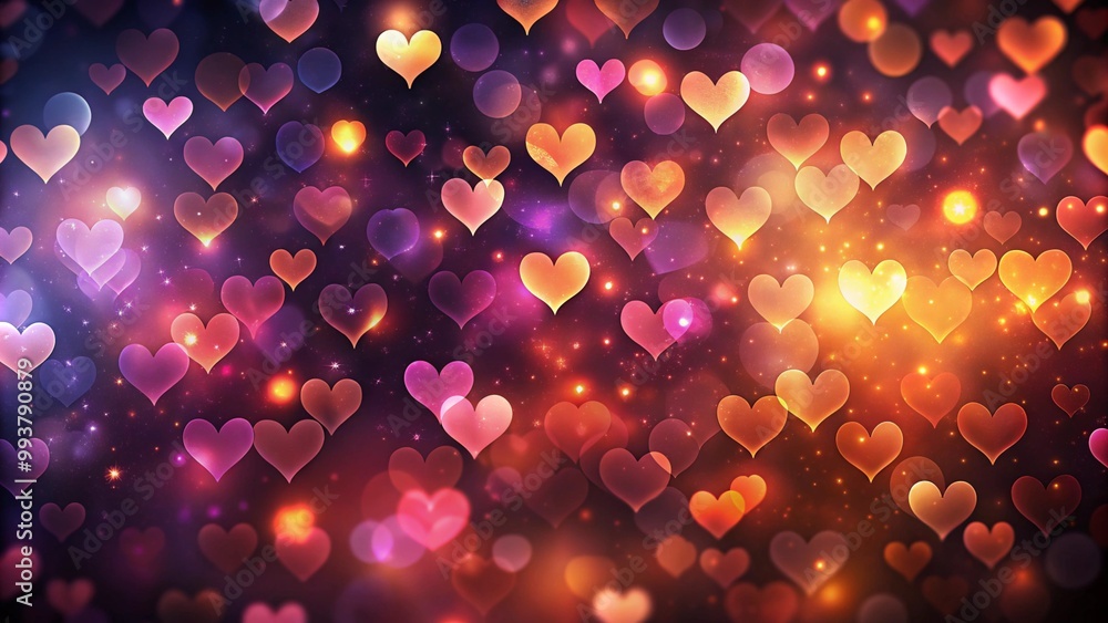 Poster abstract dark gradient background with hearts shape bokeh. red hearts, sparkling glitter bokeh backg