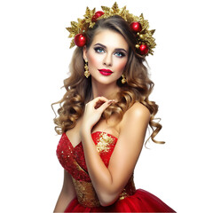 Naklejka premium Beautiful young woman in Santa Claus clothes Christmas celebration