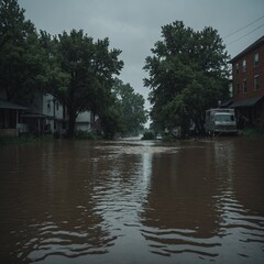 Obraz premium Heavy downpour floods urban areas, leaving streets and homes underwater