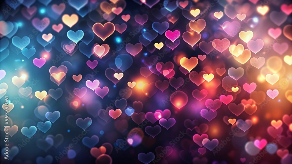 Poster abstract dark gradient background with hearts shape bokeh. red hearts, sparkling glitter bokeh backg
