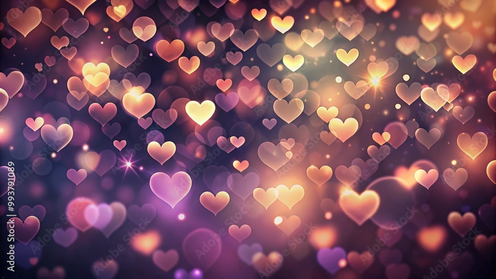 Poster abstract dark gradient background with hearts shape bokeh. red hearts, sparkling glitter bokeh backg