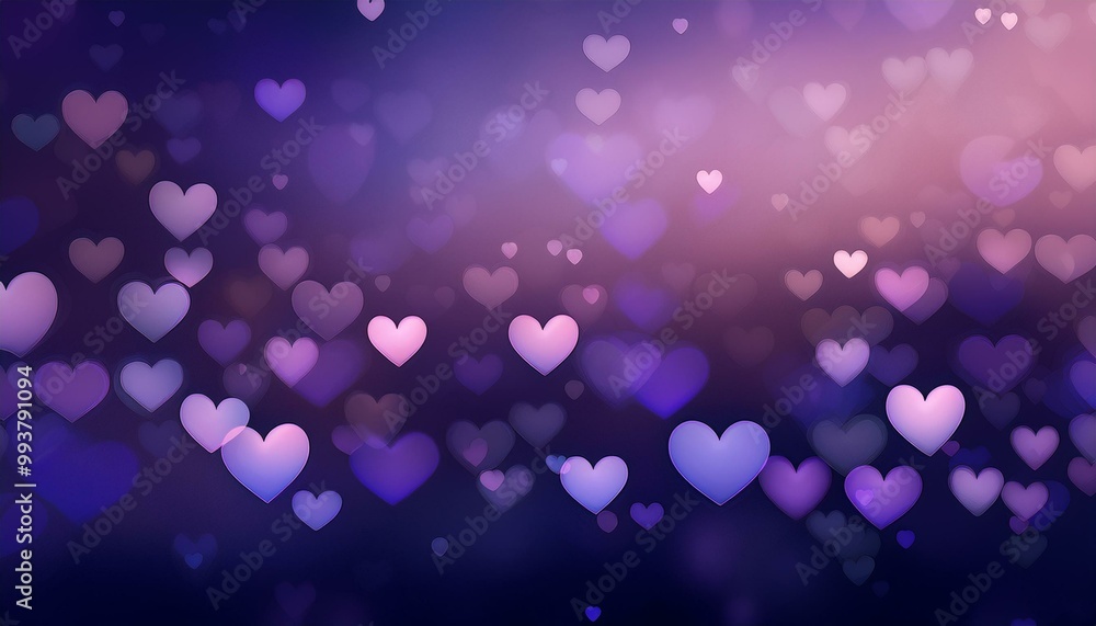 Poster abstract dark gradient background with hearts shape bokeh. red hearts, sparkling glitter bokeh backg