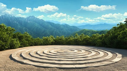 Serene landscape with a spiral pathway amid mountains.