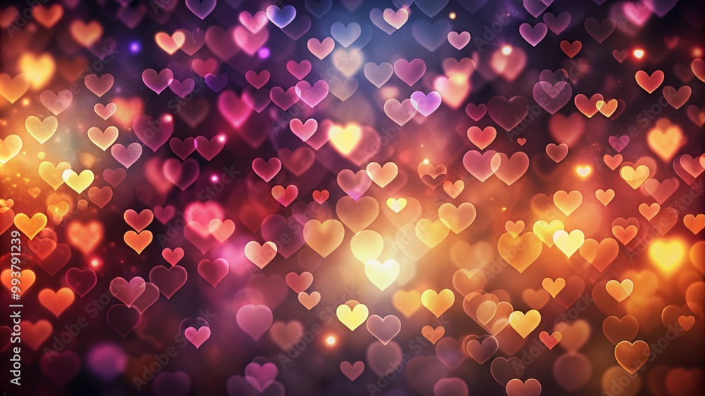 Poster abstract dark gradient background with hearts shape bokeh. red hearts, sparkling glitter bokeh backg