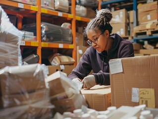 A focused young woman organizes packages in a bustling warehouse surrounded by stacked boxes and shelves.