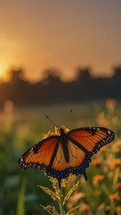 Butterfly against a sunset backdrop.