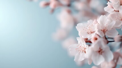 Softly lit cherry blossoms in full bloom set against a gentle blue background, capturing the serene and tranquil essence of spring with their delicate and natural beauty.