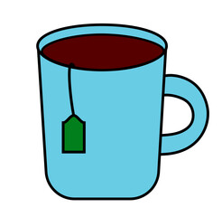 Cup of tea with teabag isolated on a white background. Hand drawn doodle style. Vector flat illustration.