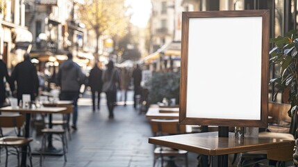 A blank white poster mockup on a chalkboard-style sign outside a bustling restaurant, framed by tables and passersby, perfect for illustrating business marketing and event ads.