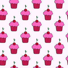 Seamless Pattern. Cupcake with cream and cherry berry. Sweet dessert. Vector Flat Illustration.