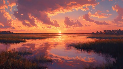 A painting of the sunset over a marsh, with pink and orange clouds in the sky