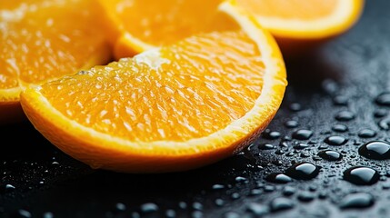 A vibrant close-up of orange slices, showcasing fresh and juicy texture with water droplets on the...