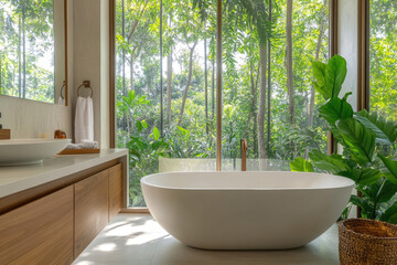Fototapeta premium A serene bathroom with an elegant freestanding bathtub, large windows showcasing lush greenery outside, and a modern wooden vanity