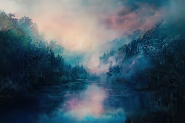 Obraz premium A Misty Forest Scene with a Serene Lake at Dusk
