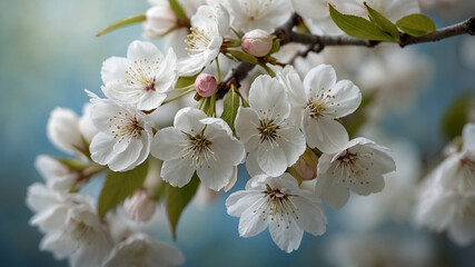 Fototapeta premium Beautiful white cherry blossom flowers with green leaves on a branch with soft blue background.