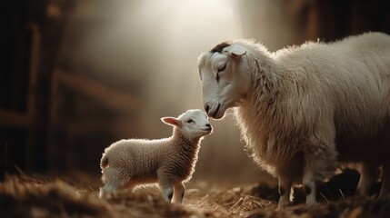 Fototapeta premium A mother sheep tenderly nuzzling her young lamb, both bathed in warm sunlight, capturing a heartwarming moment of affection in a rustic setting.