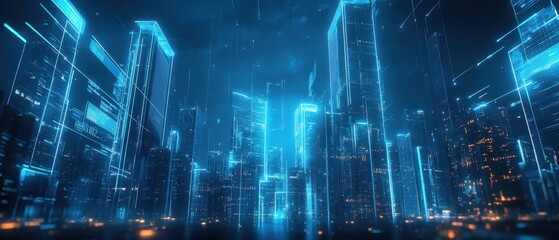 Fototapeta premium A dynamic business world with high-tech buildings and networking holograms in a corporate environment