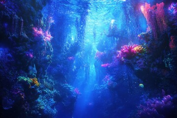 Underwater Scene with Bioluminescent Coral and a Fish