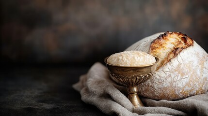 A rustic loaf of bread and a golden bread roll sit together with an ornate cup, creating a moment of timeless elegance and artisanal craftsmanship.