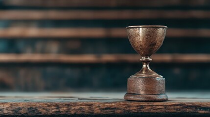 This image features an antique bronze goblet placed on a wooden plinth against the backdrop of steps, evoking a vintage aesthetic with a focus on timeless craftsmanship.