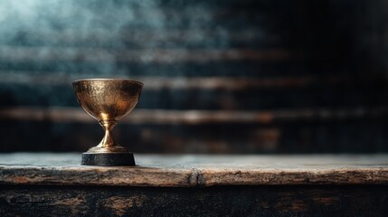 A golden cup sits on an aged wooden table, providing a sense of historical and triumphant ambiance against a blurred, dark background that emphasizes its importance.