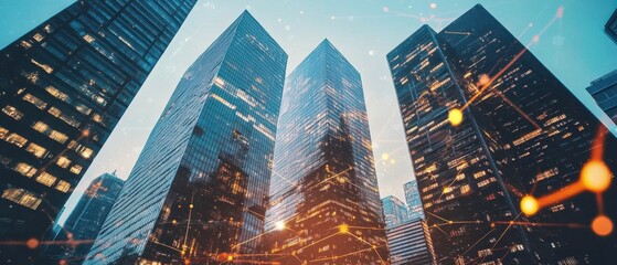 Corporate headquarters with high-rise buildings and digital interfaces showcasing global connectivity