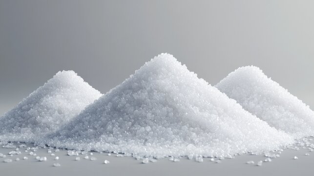 A 3D illustration showing piles of salt or sugar crystals from the top and side. The crystals are white and look like small, crushed grains. They are set against a grey background.