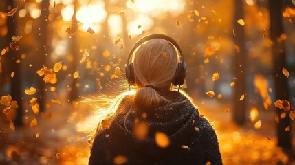 Woman walking through golden autumn forest with headphones and falling leaves