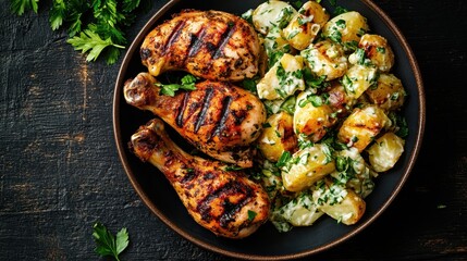 A mouth-watering image of three grilled chicken drumsticks paired with a hearty creamy potato salad garnished with fresh herbs, perfect for a delightful meal.