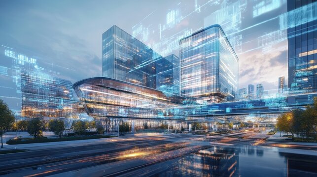 Innovative business landscape featuring sleek corporate offices and virtual interfaces in a smart city