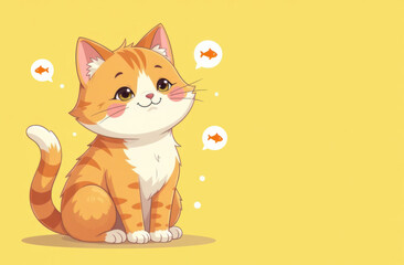 Fototapeta premium Cute cat with fish in bubbles above his head on a yellow background. Cat's dream of food. Copy space.