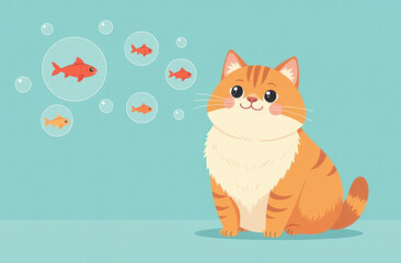 Fototapeta premium Red cat with fish in bubbles above his head on a blue background. Cat's dream of food.