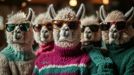 A group of alpacas dressed in various colorful sweaters and trendy sunglasses, standing together and exuding a sense of camaraderie and stylish flair.