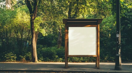 A vertical blank billboard mockup on a bus shelter, with a green park background, creating a refreshing setting for creative advertising or branding content.