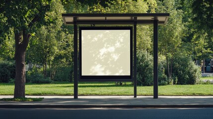 A vertical format blank billboard on a bus stop shelter, set against a tranquil green park, ideal for showcasing digital advertisements or posters in a serene urban setting.